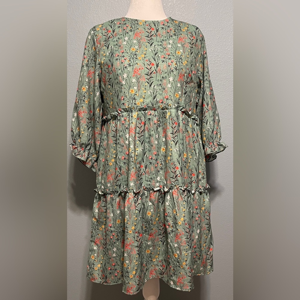 Zink London Floral Tiered Midi Dress Green Boho Cottagecore Prairie Flowy XL